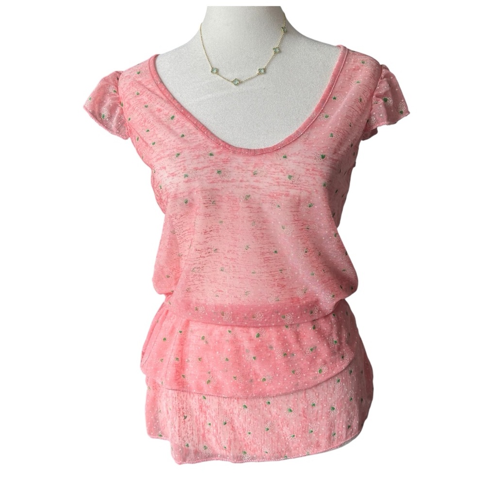 Pink Mesh Sheer Glitter Rose Coquette Cottagecore Women's Medium Layered Top